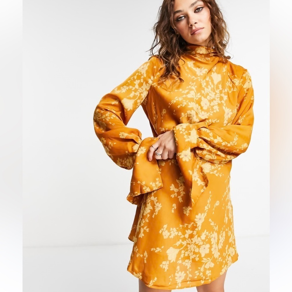 Free People Aries mustard yellow floral print long sleeve satin dress XS